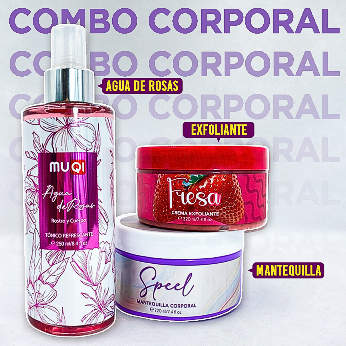 Combo Muqi Agua de Rosas + Exfoliante + Mantequilla Corporal 🌹